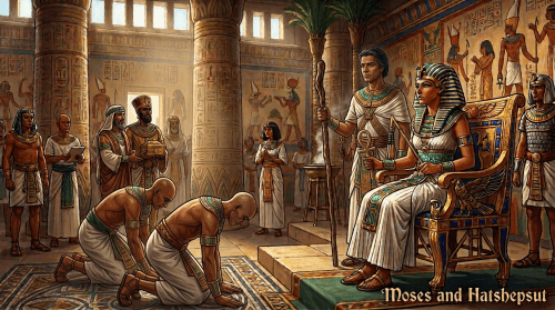 Ancient Egyptian royal court scene Moses addressing Queen Hatshepsut seated on a decorated throne in an ancient Egyptian palace