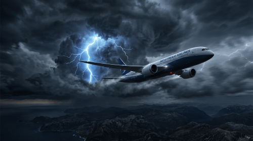 Passenger airplane flying through storm clouds above mountains with lightning