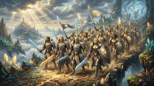 Armored knights with swords and shields marching through a crystal-filled mountain pass