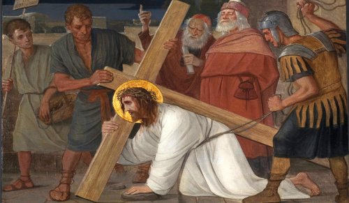 Painting of Simon of Cyrene preparing to carry Christ's cross
